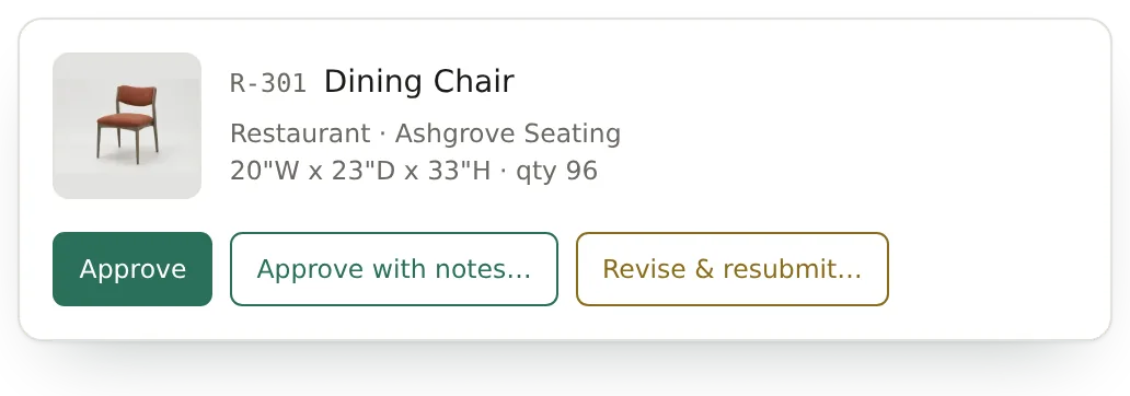 The client’s side: R-301, the restaurant’s dining chair, waiting with Approve, Approve with notes and Revise & resubmit