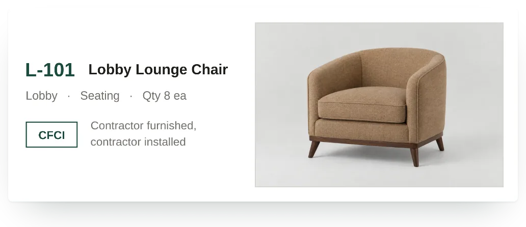 The top of a spec book page: L-101, the lobby lounge chair, marked CFCI (contractor furnished, contractor installed), with its picture