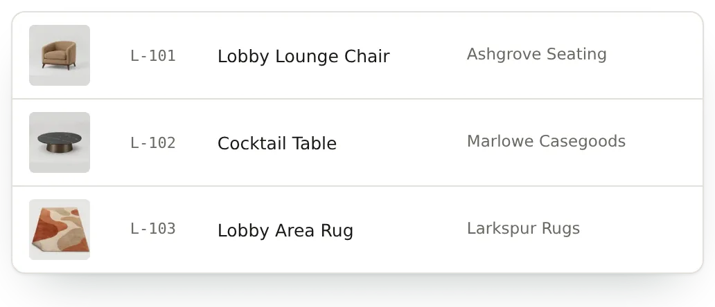 Three of the lobby’s specifications, each with its picture, number, name and maker: L-101 Lobby Lounge Chair, L-102 Cocktail Table and L-103 Lobby Area Rug