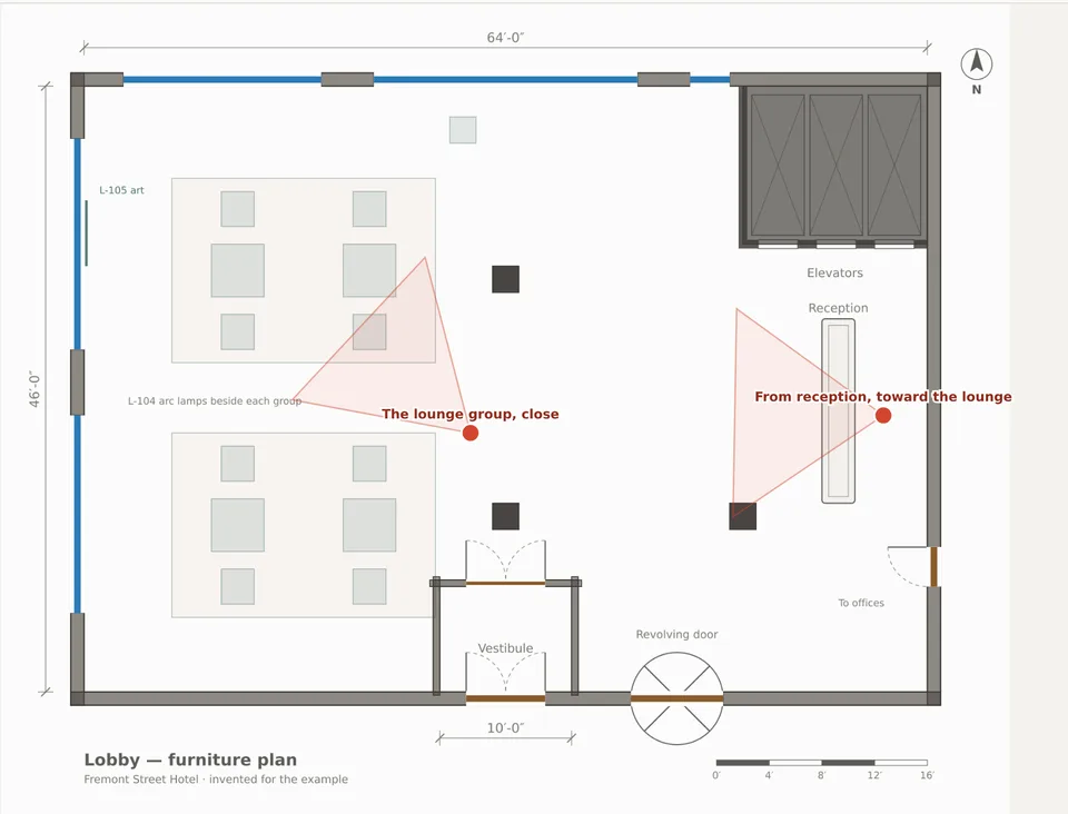The example hotel’s lobby plan, traced: its walls, windows, doors and columns, the two seating groups, and two cameras with their views drawn as cones — from reception toward the lounge, and the lounge group close