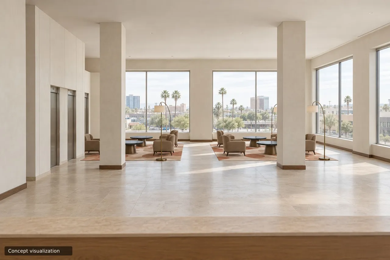 A photoreal picture of the lobby from reception: columns, tall windows onto the street, the lounge chairs, cocktail tables and rugs as specified, marked “Concept visualization” in its corner